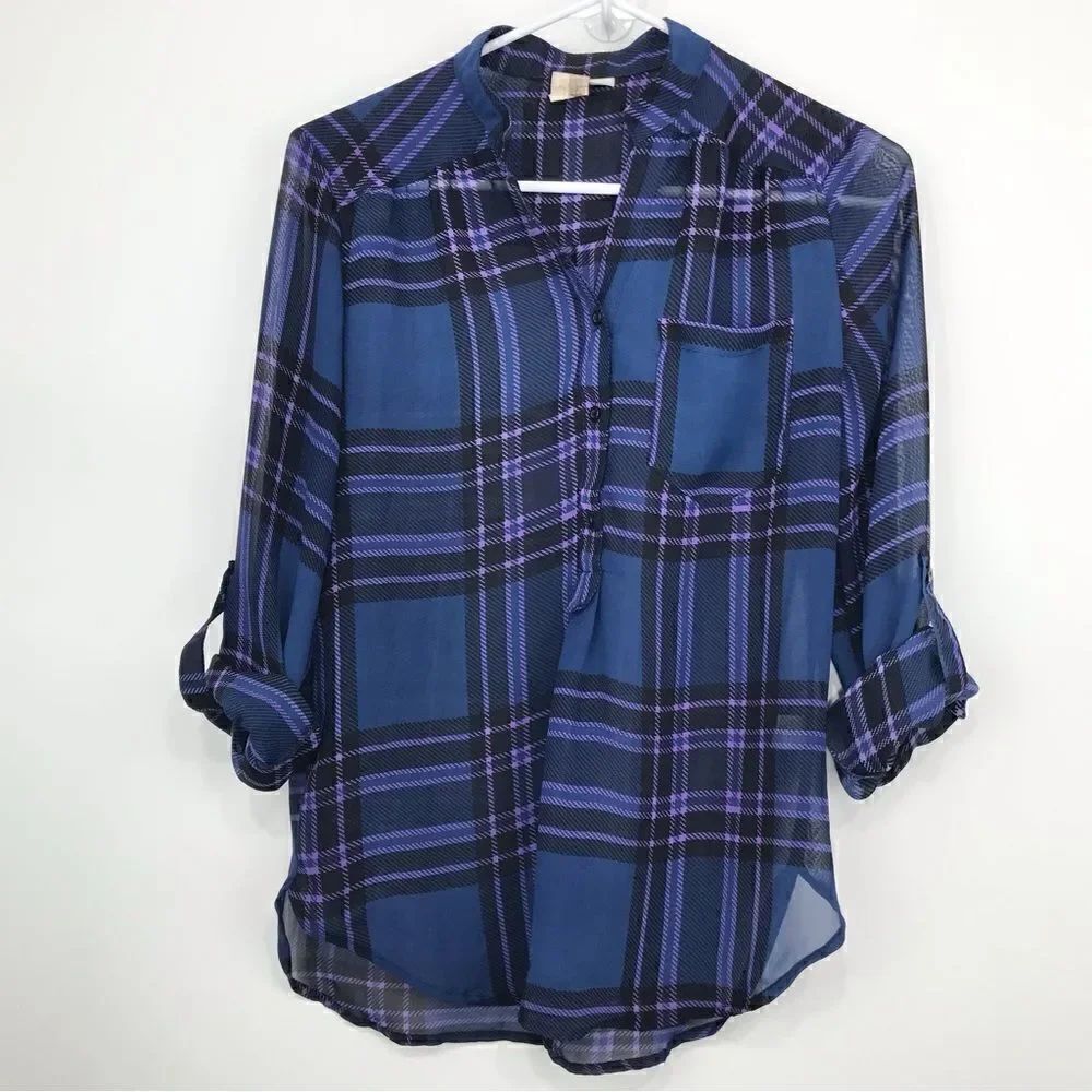 Anthropologie Bird Cage Navy Purple Plaid Semi Sheer Roll Sleeve Blouse